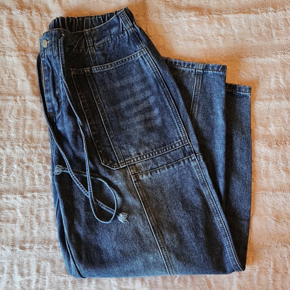 Women's Casual Loose Cropped Pants Denim Bloomers Elastic Waist with Pockets